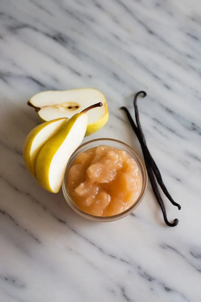 Small glass bowl of chunky pear preserve with freshly sliced pear wedges and vanilla bean pods arranged on a white marble surface.