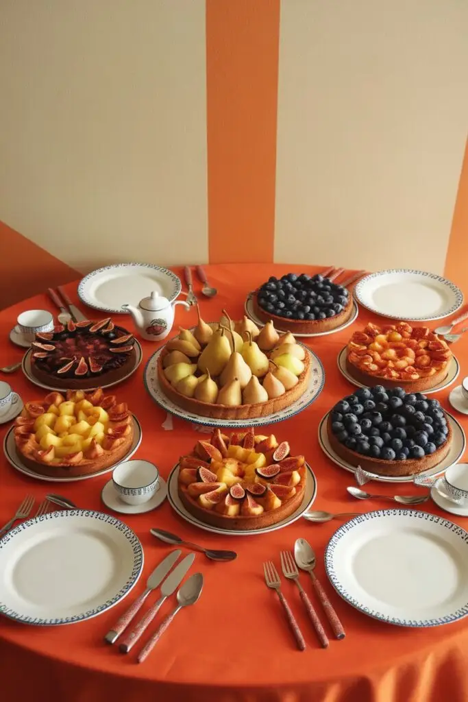 An elegant display of multiple fruit tarts including pear, fig, blueberry, and other seasonal fruit varieties arranged on an orange tablecloth with formal place settings, teacups, and silverware.