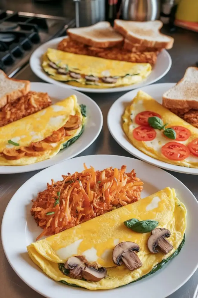 Variety of omelettes including Western omelette with peppers and ham, mushroom omelette, and tomato omelette served on white plates with sides of toast and hash browns or shredded potatoes in a diner-style presentation.