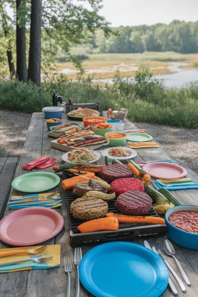 A picnic-style BBQ setup featuring grilled vegetable burgers, colorful vegetables, and fresh salads on a wooden table in a scenic outdoor location.