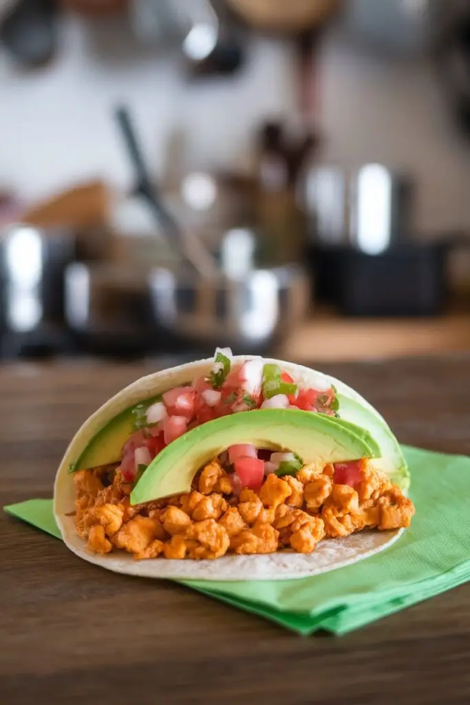 Breakfast taco with seasoned ground meat, fresh pico de gallo and avocado slices on a green napkin.