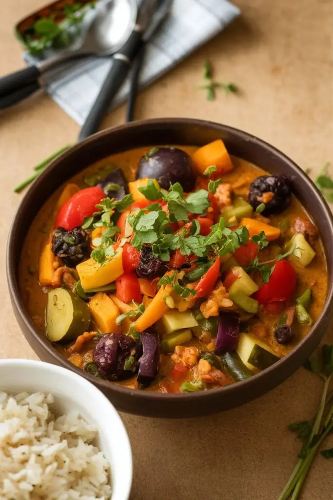 A colorful vegetable gumbo in a brown bowl featuring a variety of vegetables including bell peppers, tomatoes, beans, and squash, garnished with fresh herbs and served with a side of white rice.