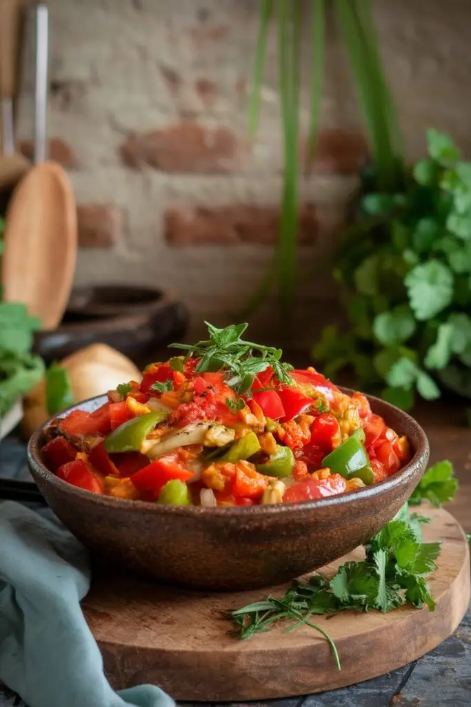 Bowl of diced vegetables including red and green bell peppers, tomatoes, onions, and fresh herbs—the aromatic base for jambalaya.