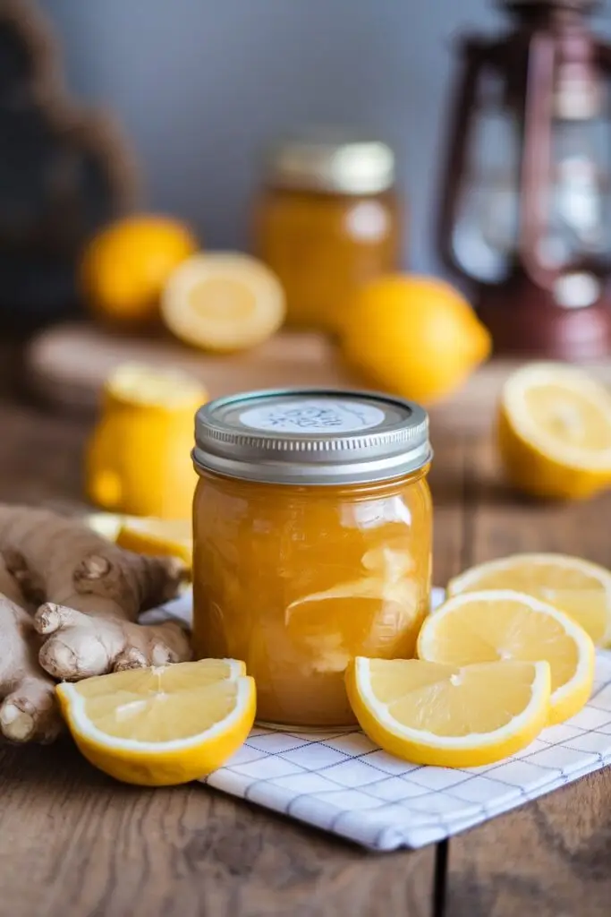 Jar of golden lemon jam with fresh lemon slices and ginger root on a checkered cloth and wooden table with an antique lantern in the background.