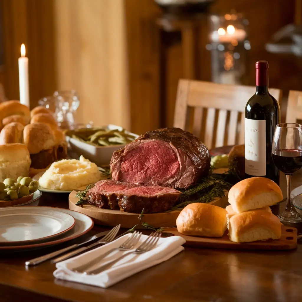 Holiday dinner table featuring medium-rare prime rib roast sliced and served with mashed potatoes, dinner rolls, and red wine. The perfect Prime Rib recipe results for special gatherings.
