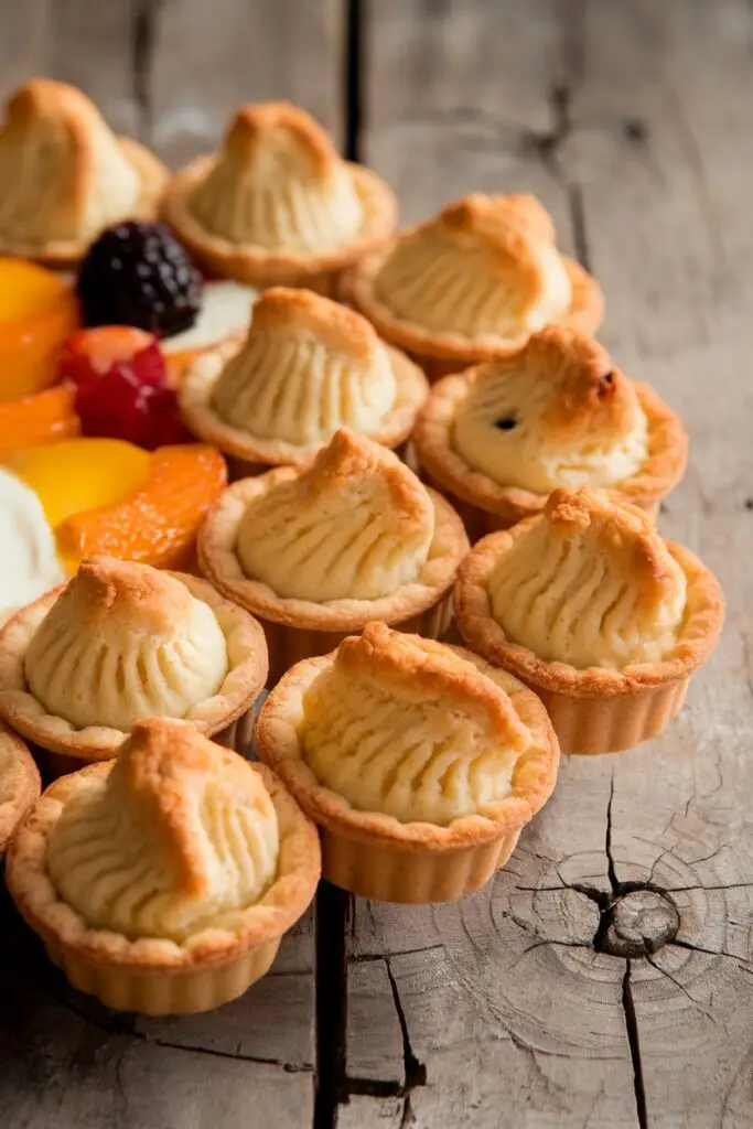 Small butter tart variations with decorative shell-patterned tops and cream-colored filling arranged on a rustic wooden surface with colorful fruit garnishes.