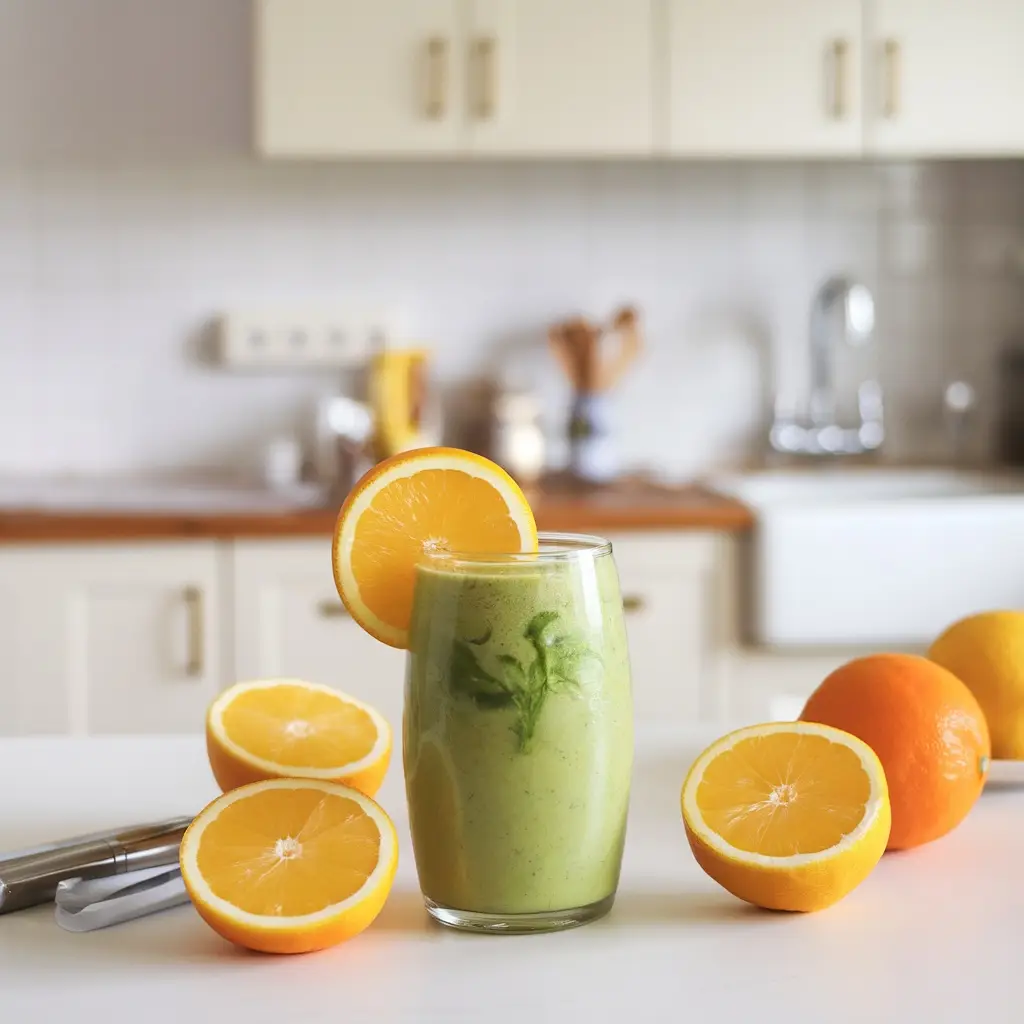 Green spinach smoothie garnished with an orange slice in a tall glass, surrounded by halved oranges on a white kitchen counter.