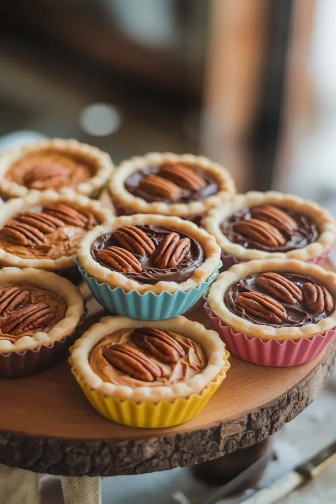 Butter tarts topped with whole pecans presented in colorful yellow, pink, and blue silicone baking cups arranged on a rustic tree slice serving board.