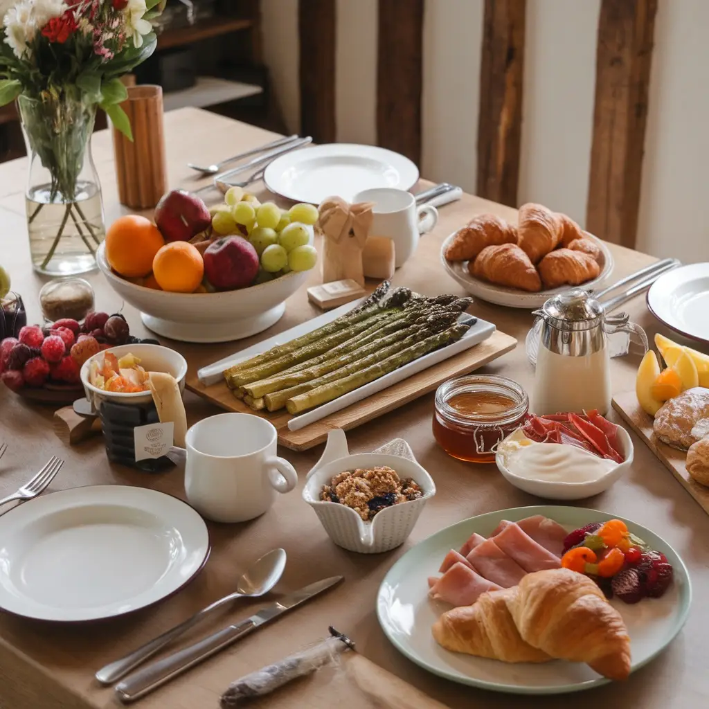 Luxurious breakfast spread featuring oven-roasted asparagus alongside croissants, fresh fruits, charcuterie, and various breakfast staples on a wooden table.
