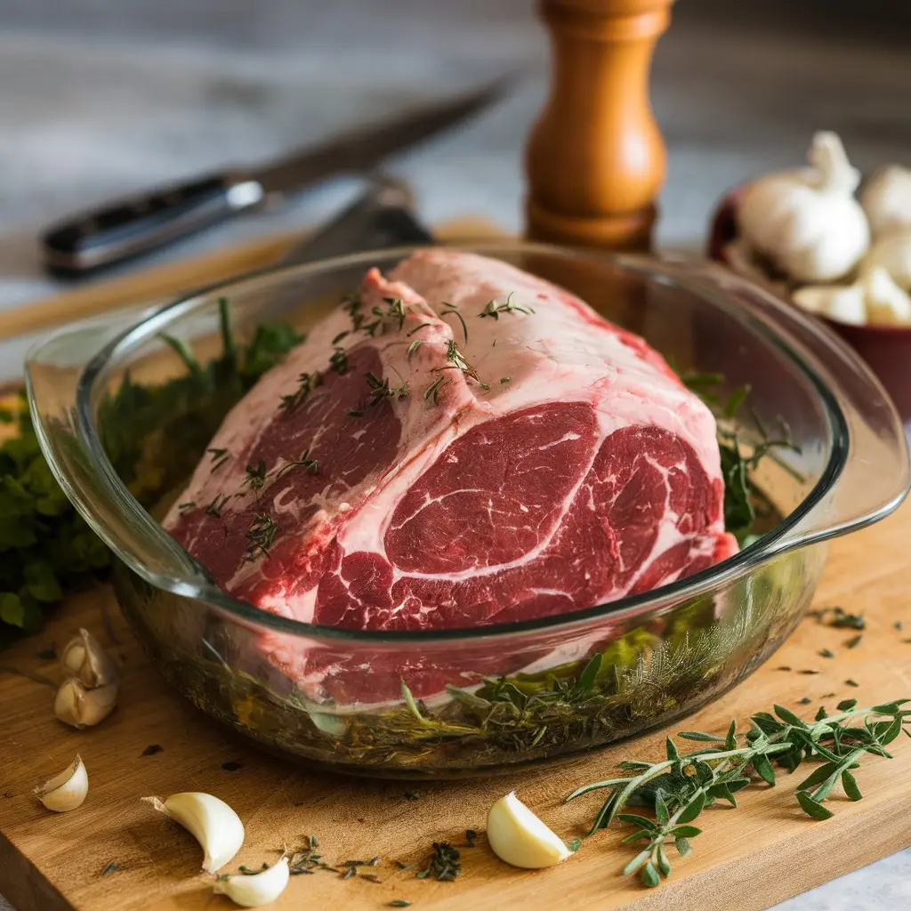 Raw prime rib roast in a glass baking dish, surrounded by fresh rosemary, thyme, and garlic cloves - the preparation stage for a classic Prime Rib recipe.