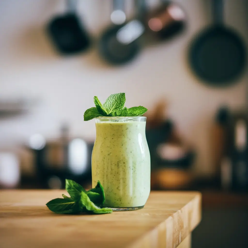 Creamy green spinach smoothie in a small glass jar garnished with mint leaves on a wooden cutting board with a blurred kitchen background.