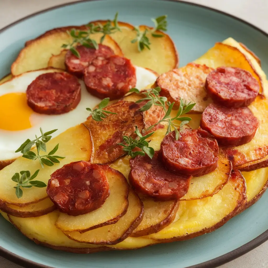 Elevated Spanish Tortilla variation on blue plate featuring thinly sliced potatoes, Spanish chorizo rounds, and fresh thyme garnish, showcasing a modern interpretation of the classic dish.