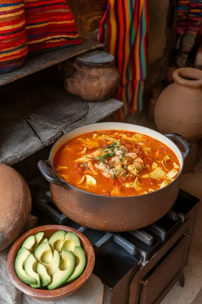 Traditional Tortilla Soup simmering in a cast iron pot on a rustic Mexican stove, surrounded by colorful textiles and pottery.