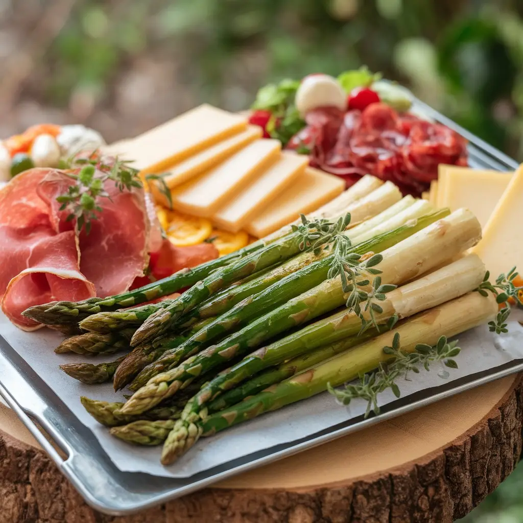 Artfully arranged charcuterie board featuring tender roasted asparagus spears, thinly sliced cheese, cured meats, and fresh herbs served on a wooden platter outdoors.
