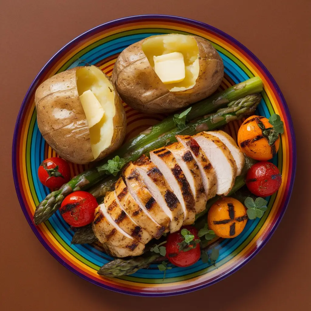 Complete balanced meal featuring baked potatoes with melting butter, sliced grilled chicken breast, asparagus spears, and roasted cherry tomatoes served on a colorful rainbow plate.