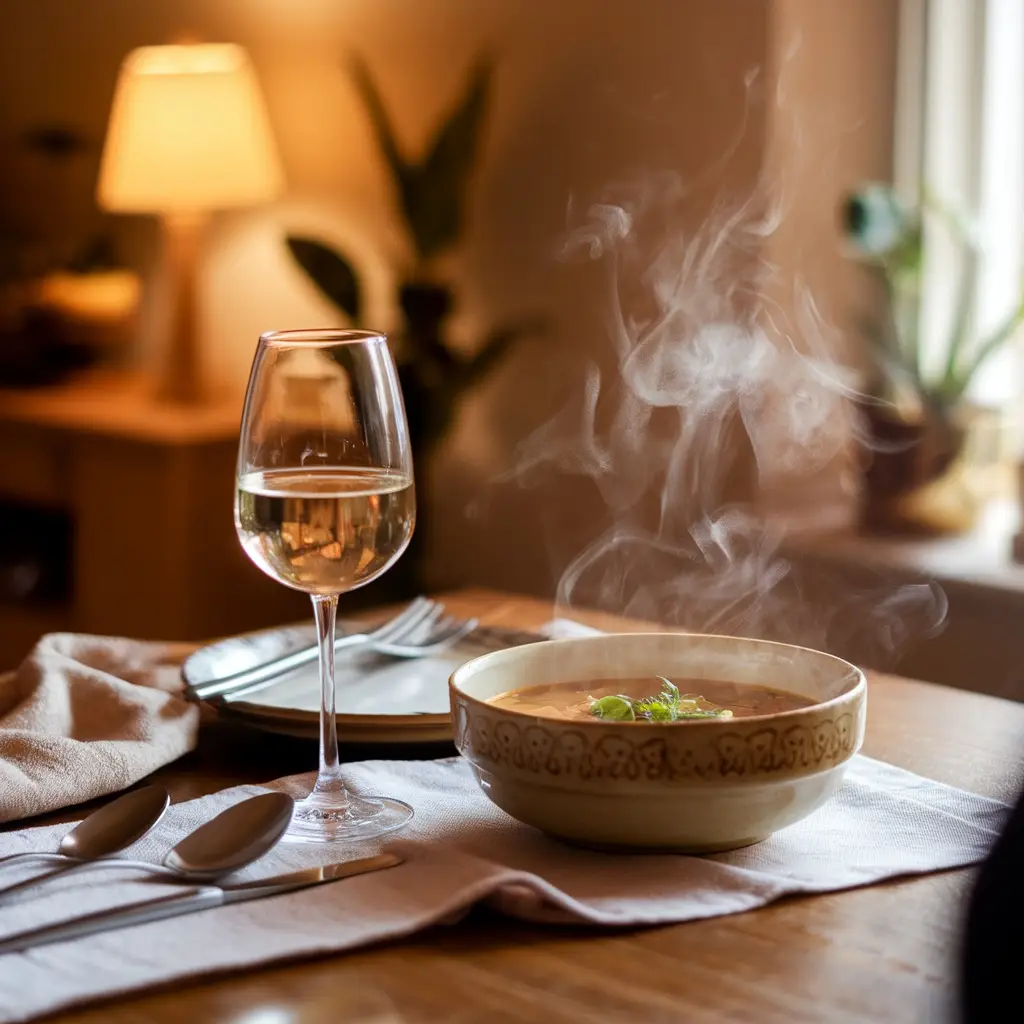 Steaming hot soup in a decorative bowl next to a glass of white wine on a dining table, creating an elegant dinner setting for enjoying Potato Bacon Soup