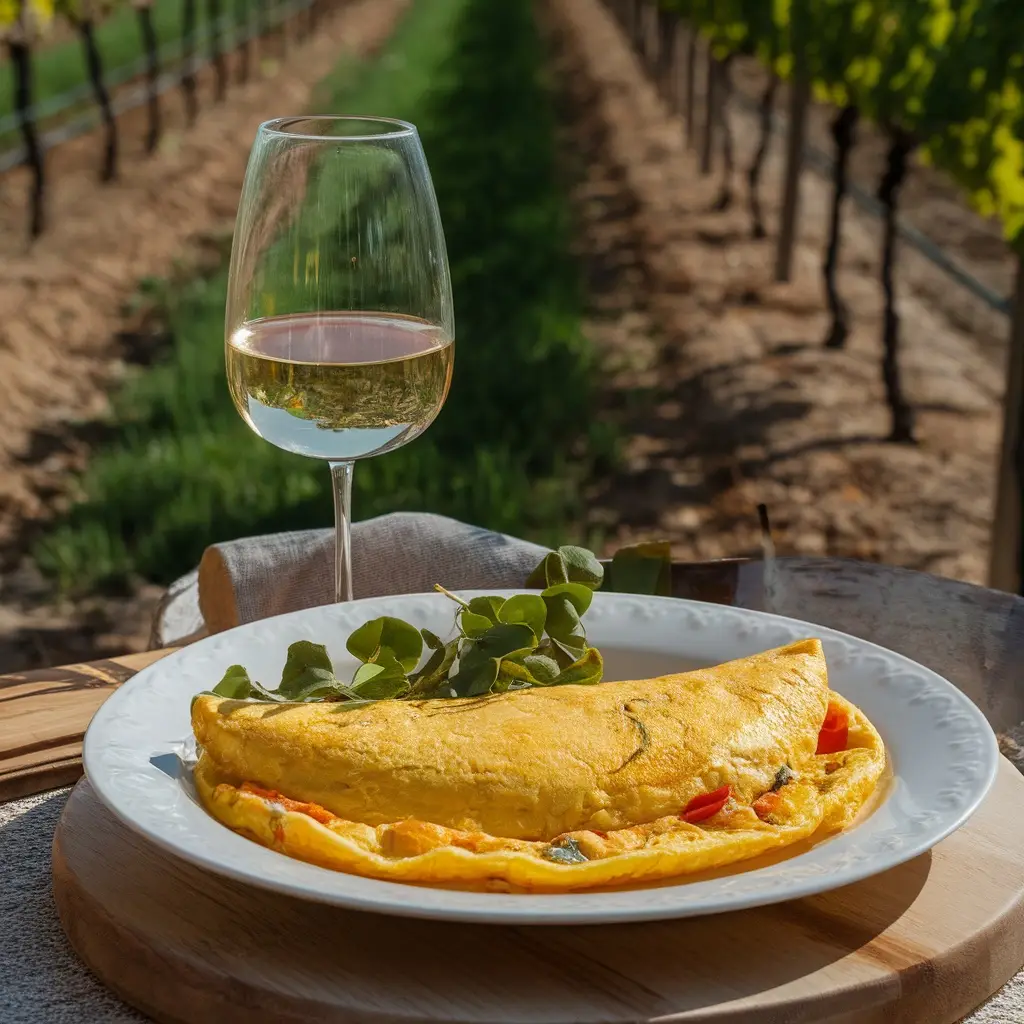 Folded Spanish Omelette filled with colorful vegetables served on white plate alongside glass of white wine, set against picturesque vineyard rows in golden afternoon light.