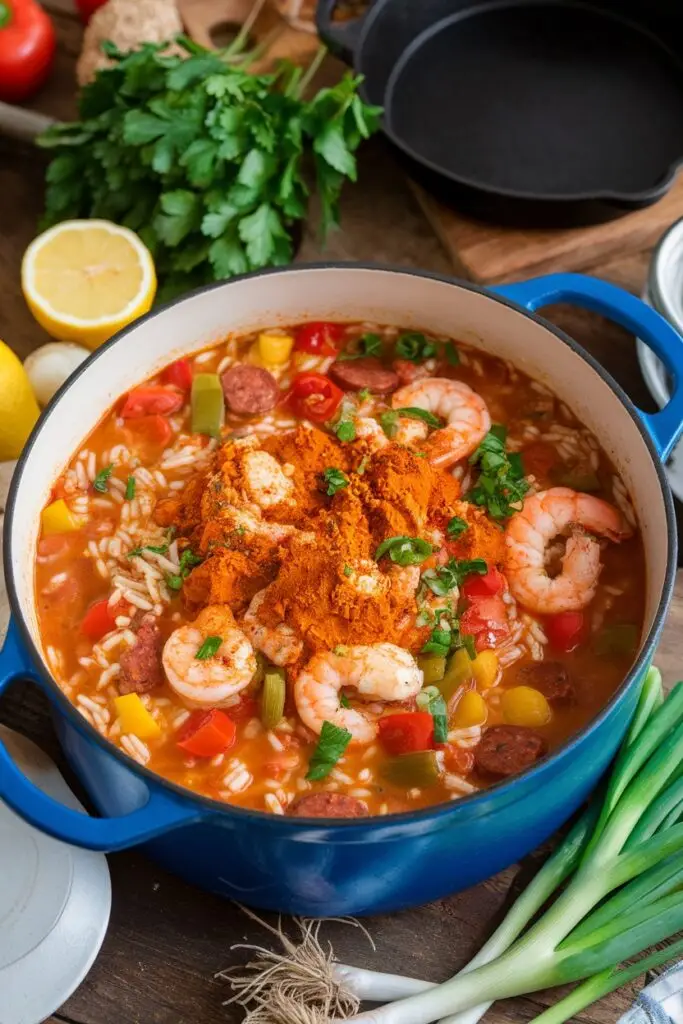 Jambalaya Soup cooking in blue Dutch oven with bright Cajun spices, Gulf shrimp, andouille sausage, rice, and fresh vegetables