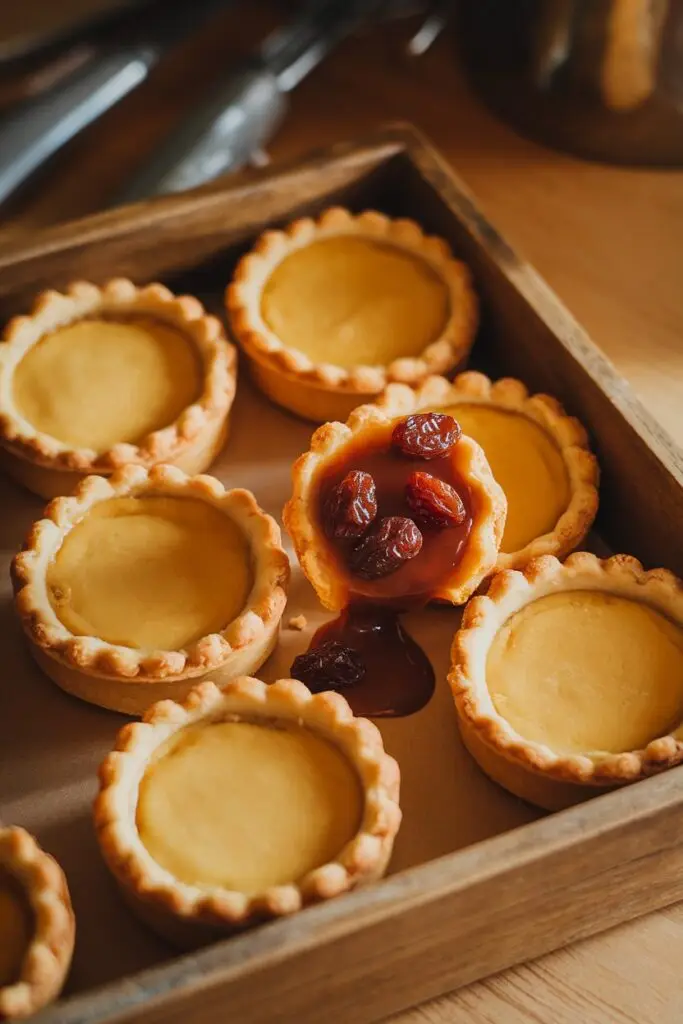 Butter tarts in various stages of preparation in a wooden baking tray, with one filled tart showcasing plump raisins in its glossy, caramelized filling.