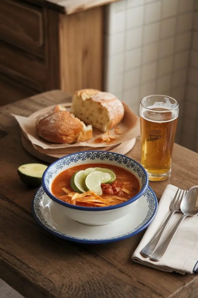 Tortilla Soup served in a decorative blue and white bowl with lime garnish, accompanied by crusty bread and a glass of cold beer.