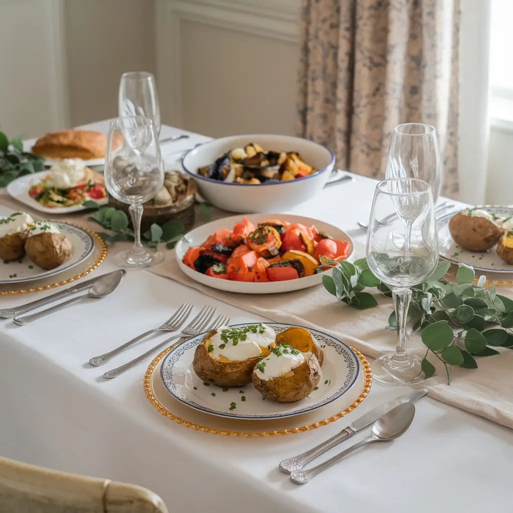 Beautifully set dining table featuring baked potatoes with sour cream and chives, colorful roasted vegetables, and wine glasses for an elegant dinner gathering.