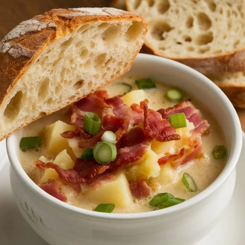 Chunky Loaded Baked Potato Soup with visible potato pieces, bacon bits and green onions served with artisan bread in a white bowl, showcasing the hearty texture