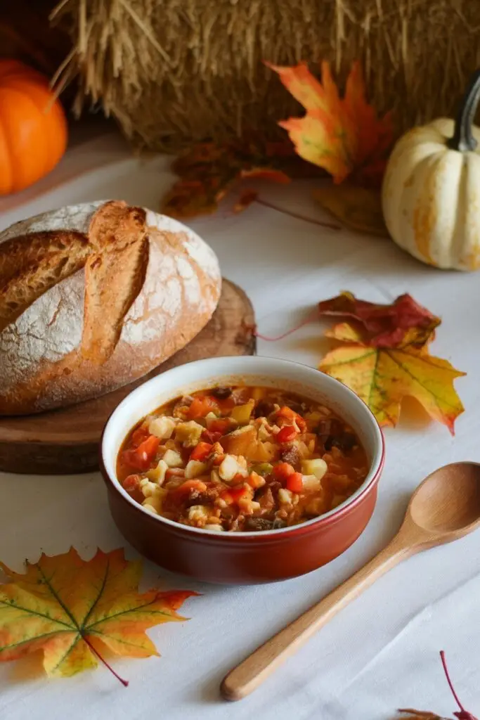 Hearty Cajun Jambalaya Soup in red bowl with artisanal bread, surrounded by fall leaves and decorative pumpkins for seasonal dining