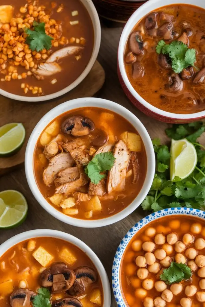 Overhead view of various Mexican soups including Tortilla Soup with chicken, alongside mushroom and chickpea variations, all garnished with cilantro.