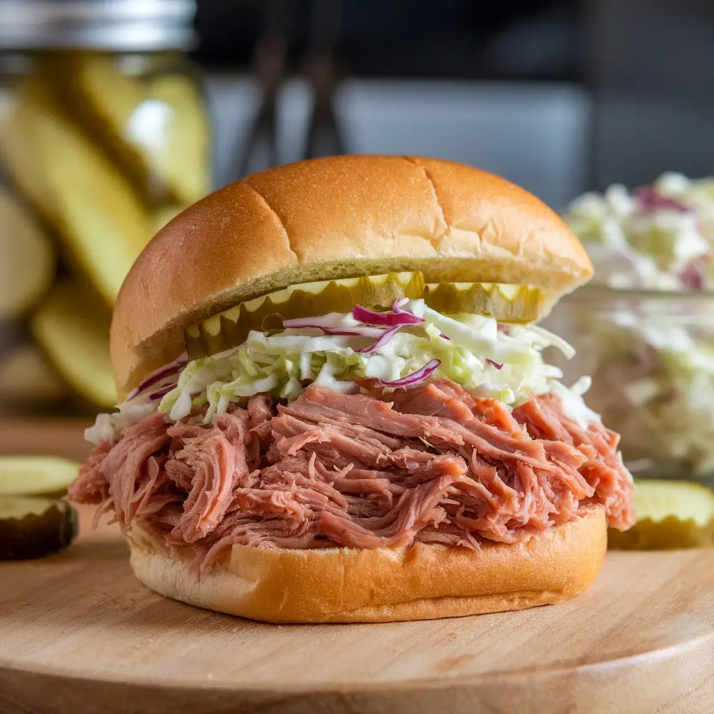 Mouthwatering BBQ Pulled Pork Sandwich with coleslaw and pickles on a wooden cutting board