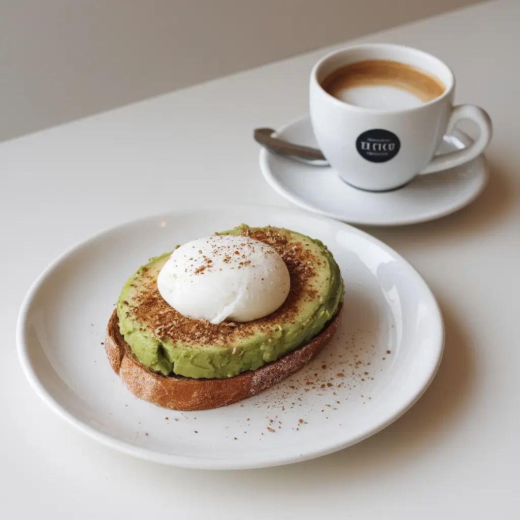 Avocado Toast with Poached Eggs served on a white ceramic plate alongside a cappuccino in a branded coffee cup, presented on a minimalist white table in a café setting.