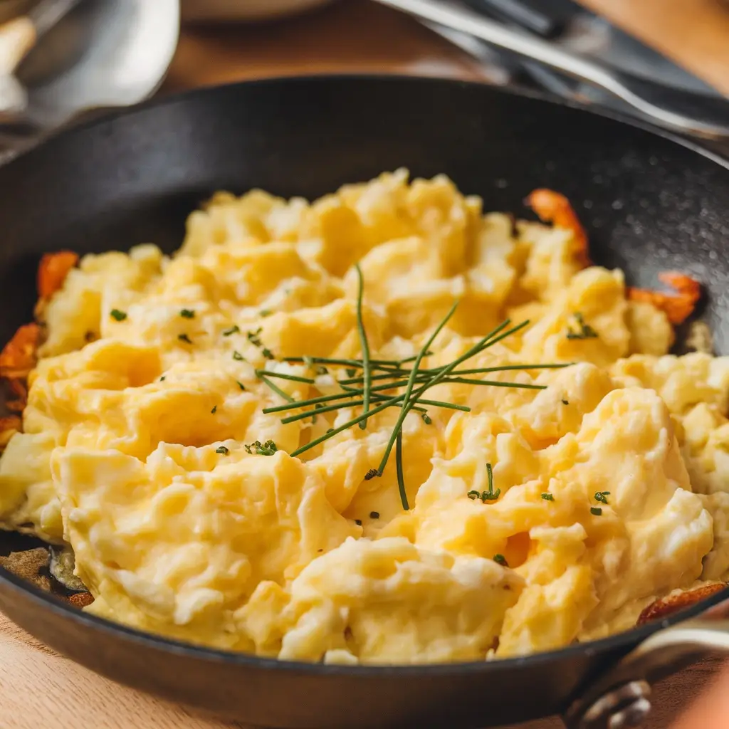 Fluffy scrambled eggs with English Breakfast accompaniment, garnished with fresh chives served in a black cast iron skillet.