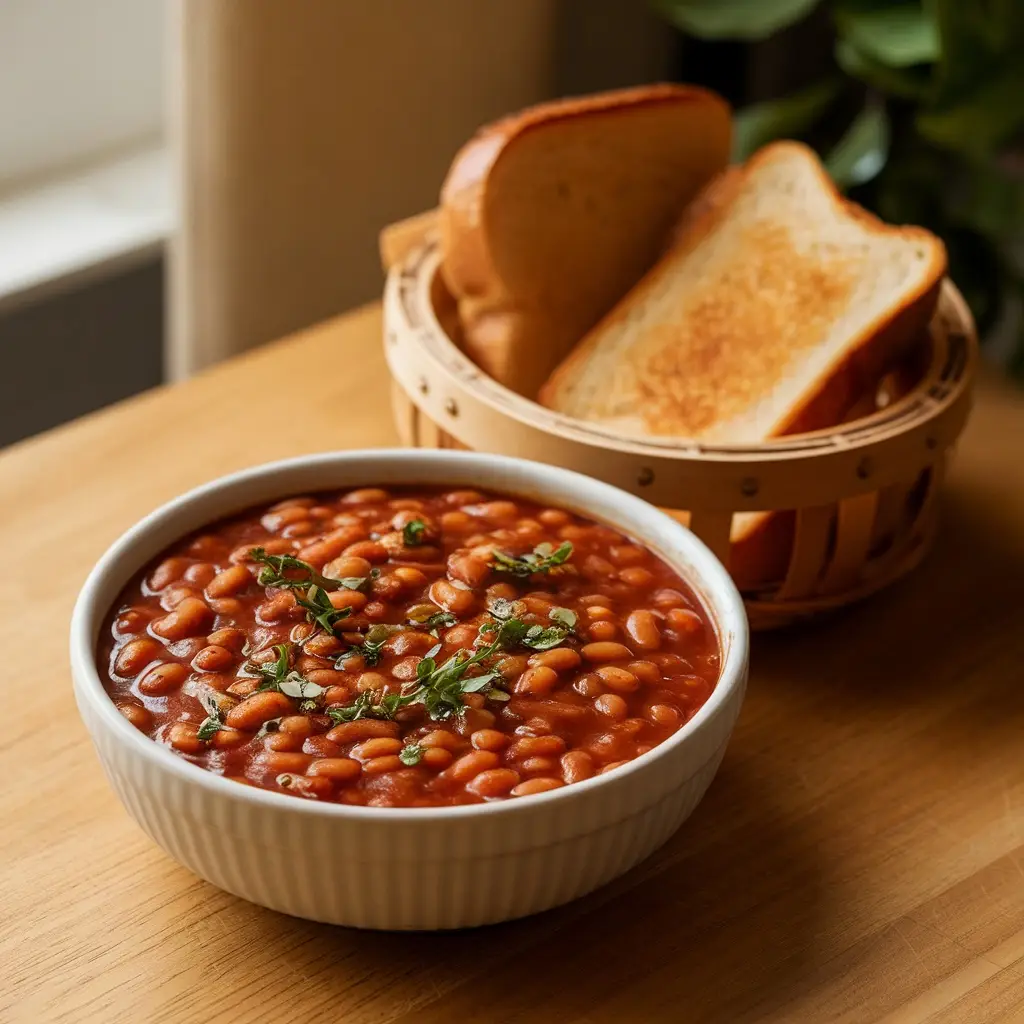 Bowl of homemade baked beans in tomato sauce garnished with herbs, accompanied by toasted bread slices in a basket, a traditional English Breakfast component.