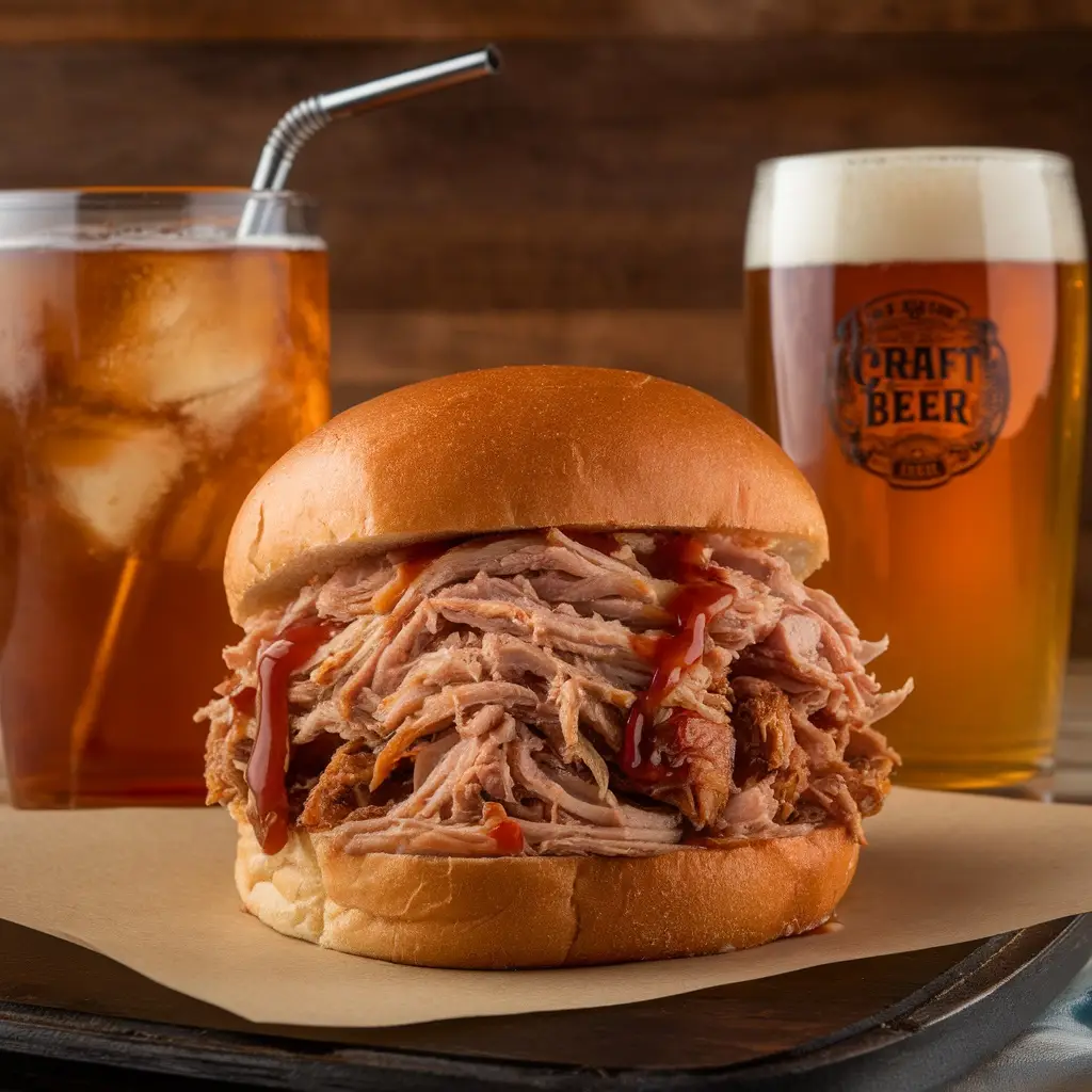 Traditional BBQ Pulled Pork Sandwich served with craft beer and iced tea on a wooden table