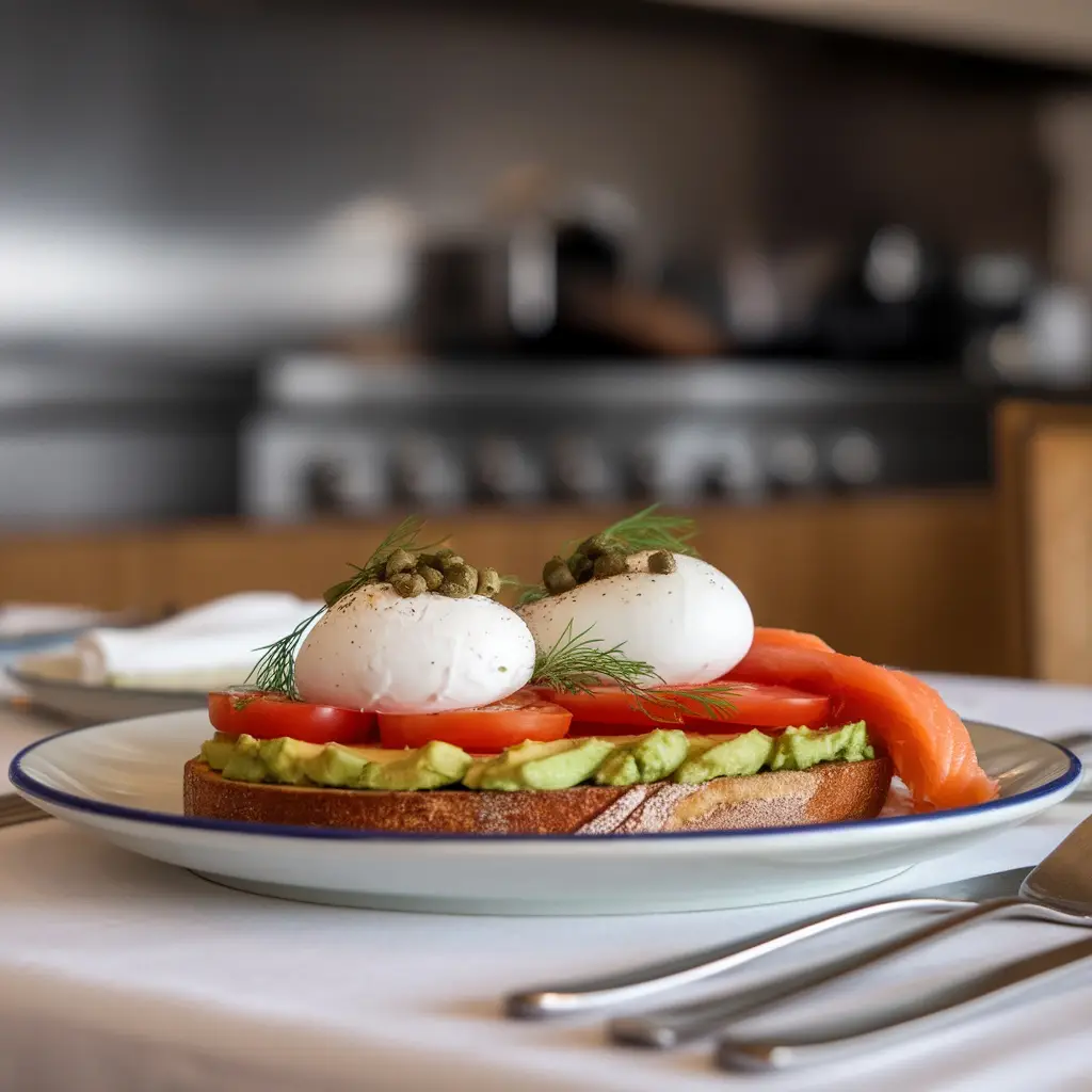 Gourmet Avocado Toast with Poached Eggs featuring two perfectly cooked eggs topped with capers and fresh dill, layered with sliced tomatoes and smoked salmon on a bed of avocado spread, served on a white plate with blue rim.